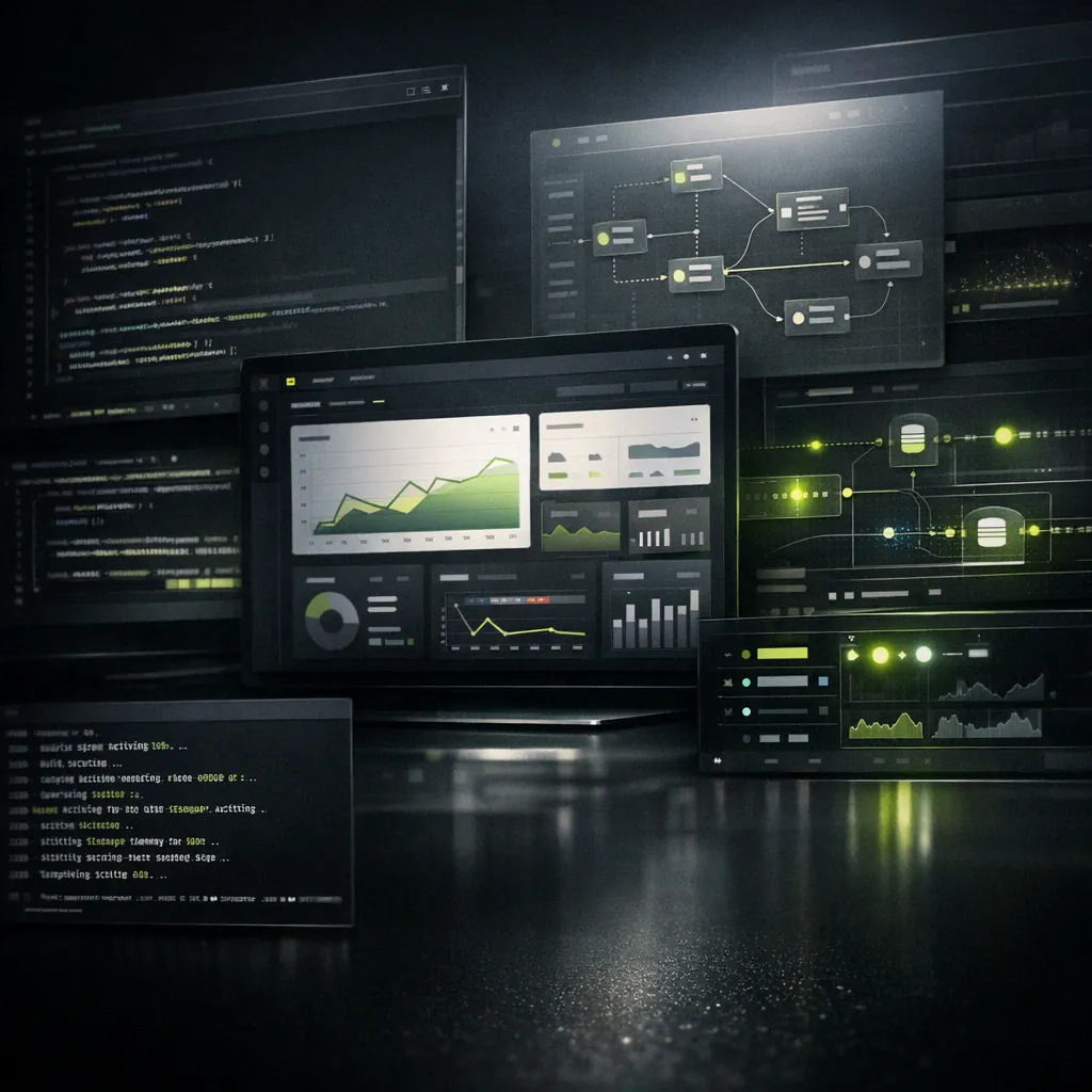 Editorial AI product-building scene with code, app interfaces, and workflow orchestration representing Pilot Hub Studio's web and AI development services